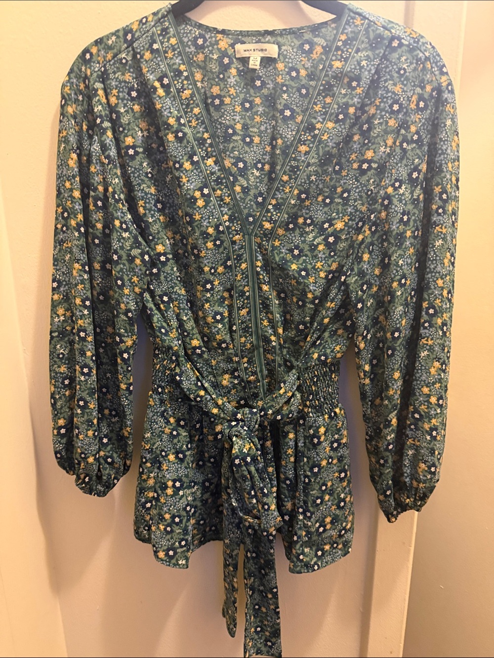 Madewell Green Floral Wrap Tunic with Tie Waist